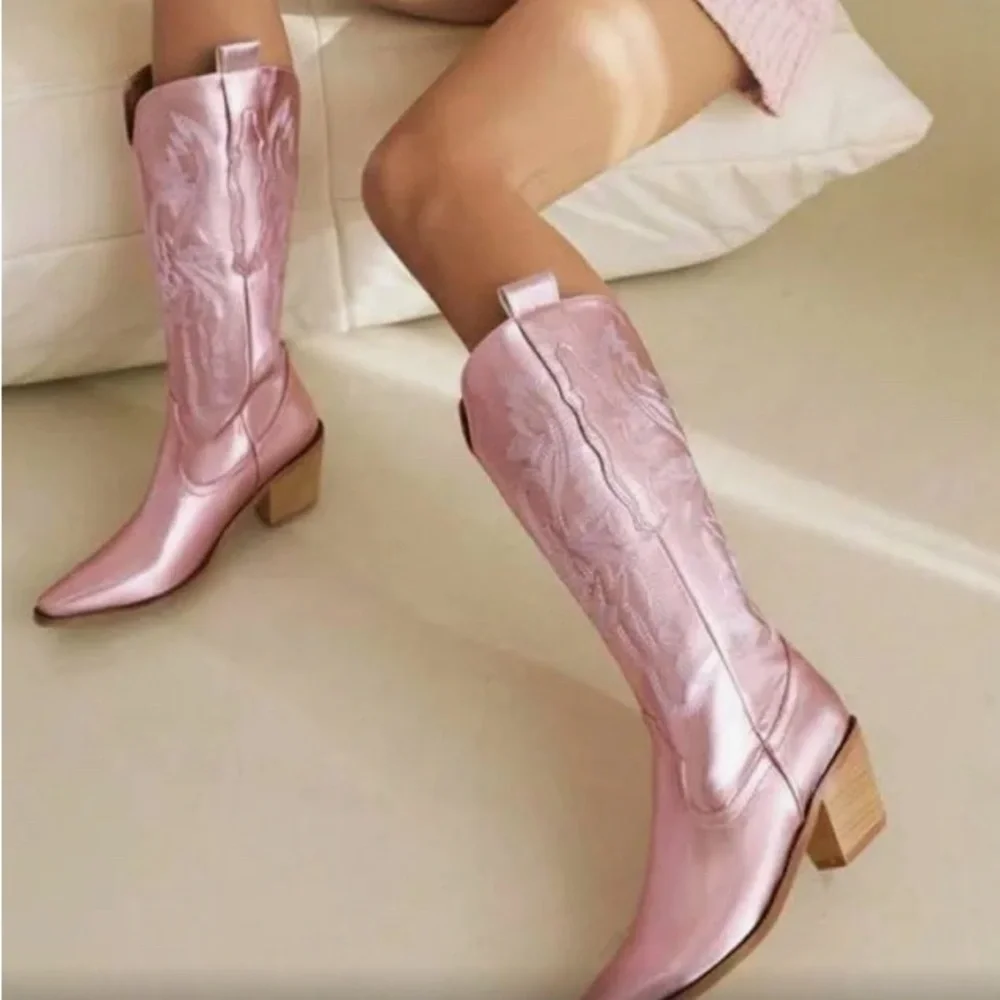 Gianni Bini Brush Metallic Matte Western Knee High Cowgirl Boots Baby Pink - Picture 2 of 7